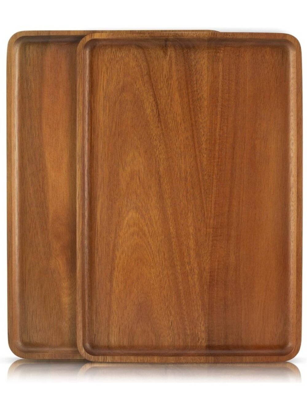 Set of 2 Acacia Wood Serving Trays - Rectangular Natural Wooden Platters for